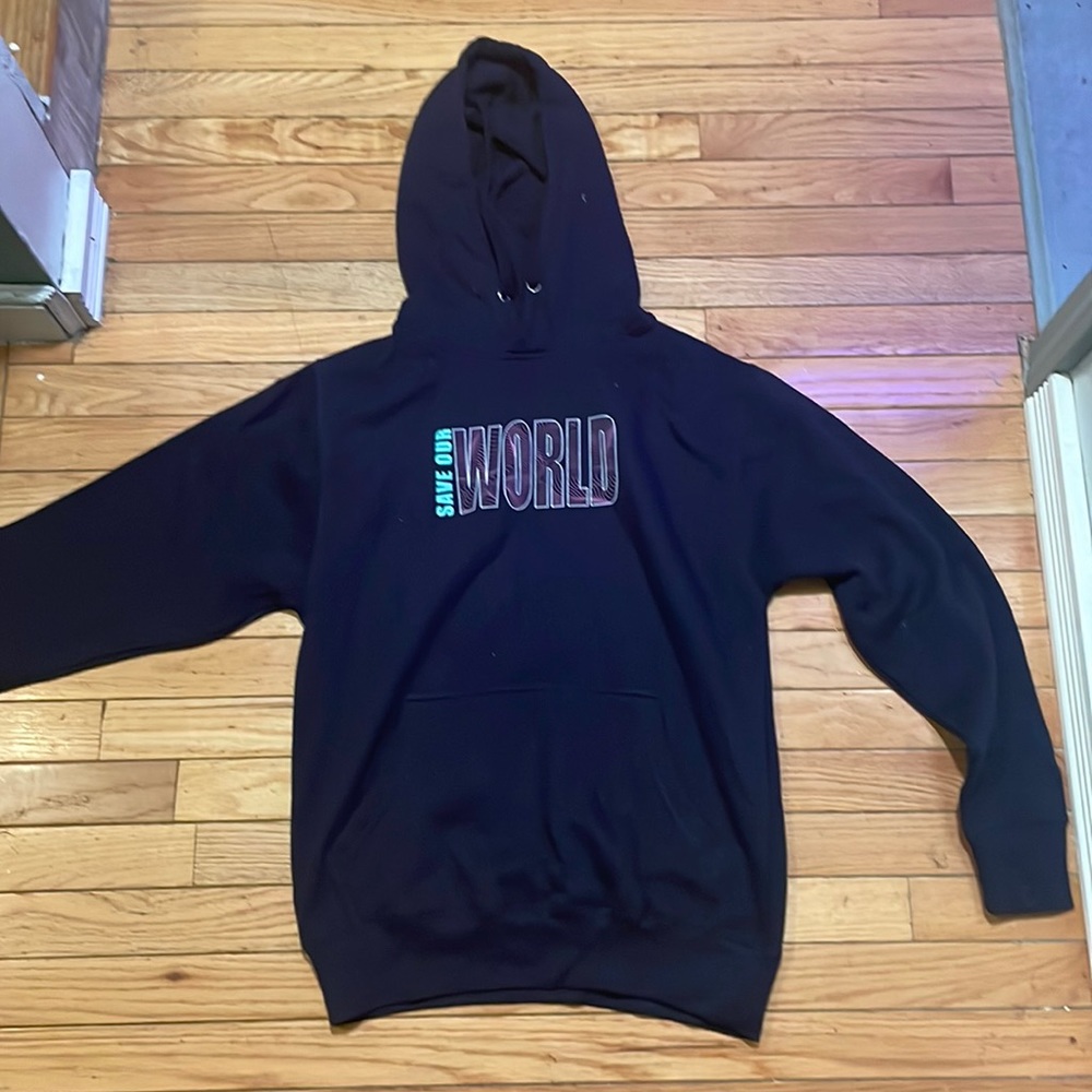 Save the world hoodie dark blue and purple and pink size Small